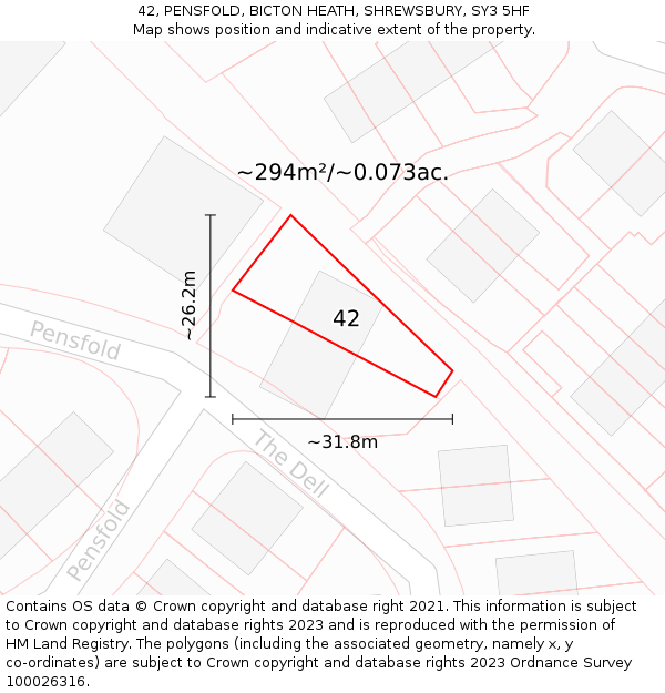42, PENSFOLD, BICTON HEATH, SHREWSBURY, SY3 5HF: Plot and title map