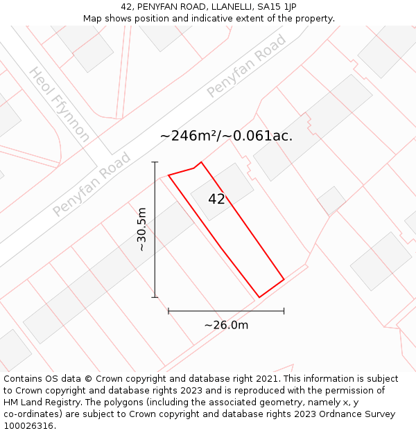 42, PENYFAN ROAD, LLANELLI, SA15 1JP: Plot and title map