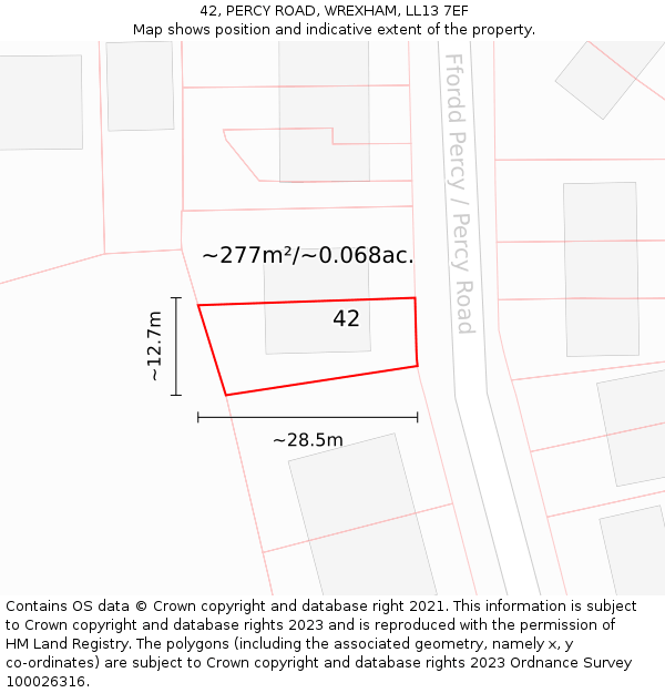 42, PERCY ROAD, WREXHAM, LL13 7EF: Plot and title map