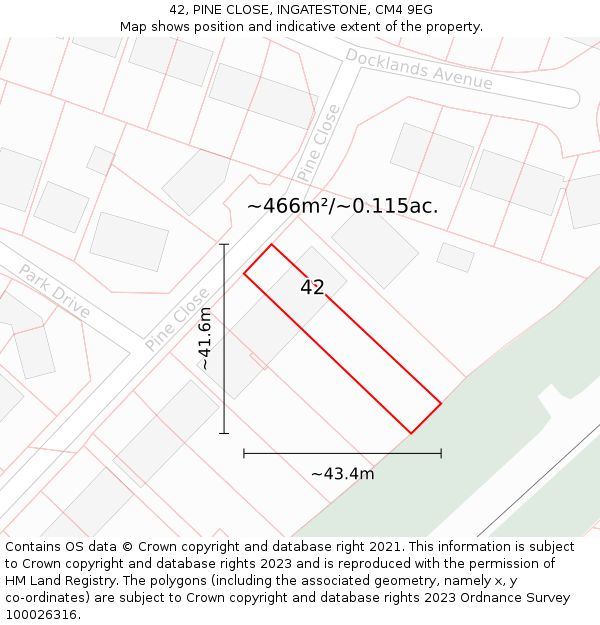 42, PINE CLOSE, INGATESTONE, CM4 9EG: Plot and title map