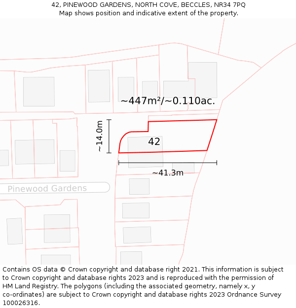 42, PINEWOOD GARDENS, NORTH COVE, BECCLES, NR34 7PQ: Plot and title map