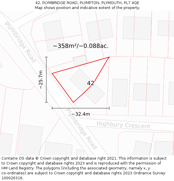 42, PLYMBRIDGE ROAD, PLYMPTON, PLYMOUTH, PL7 4QE: Plot and title map