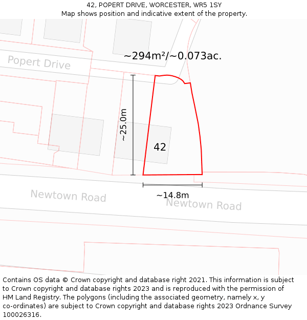 42, POPERT DRIVE, WORCESTER, WR5 1SY: Plot and title map