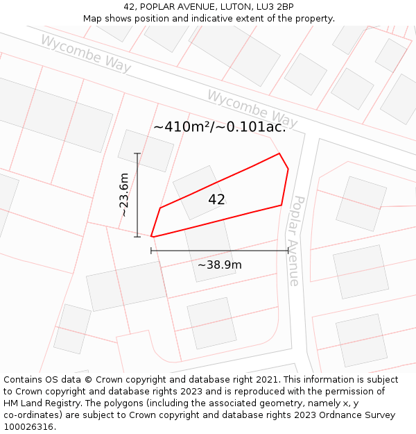 42, POPLAR AVENUE, LUTON, LU3 2BP: Plot and title map