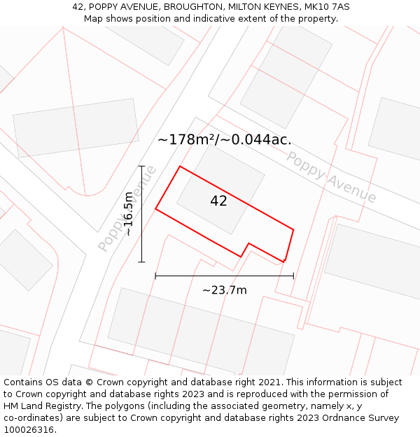 42, POPPY AVENUE, BROUGHTON, MILTON KEYNES, MK10 7AS: Plot and title map