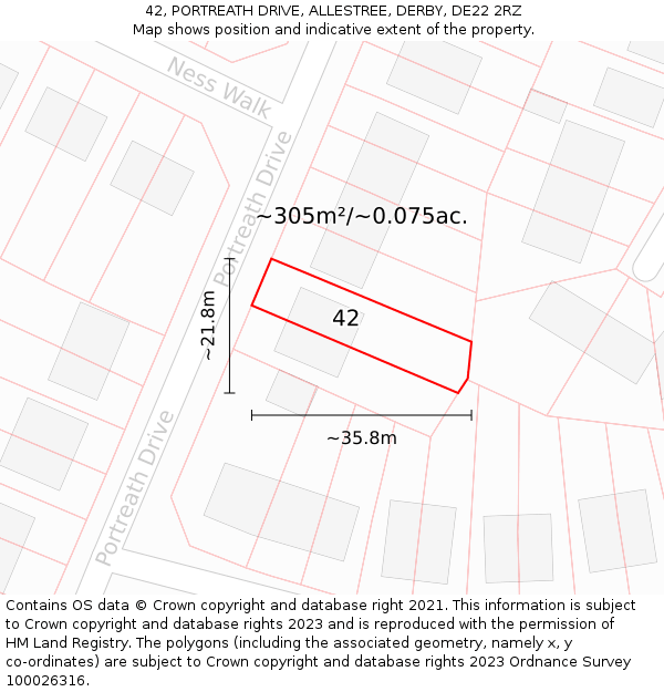 42, PORTREATH DRIVE, ALLESTREE, DERBY, DE22 2RZ: Plot and title map