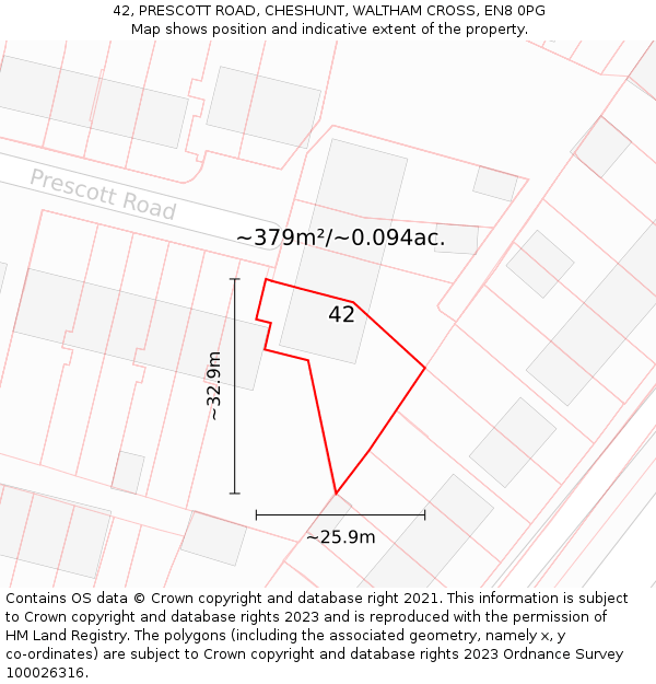 42, PRESCOTT ROAD, CHESHUNT, WALTHAM CROSS, EN8 0PG: Plot and title map