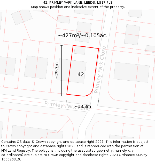 42, PRIMLEY PARK LANE, LEEDS, LS17 7LS: Plot and title map