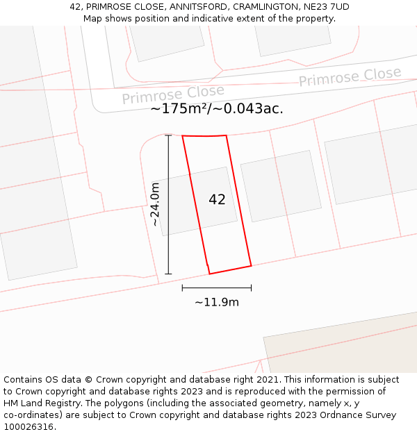 42, PRIMROSE CLOSE, ANNITSFORD, CRAMLINGTON, NE23 7UD: Plot and title map