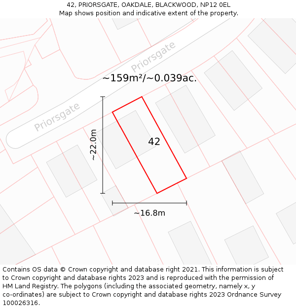 42, PRIORSGATE, OAKDALE, BLACKWOOD, NP12 0EL: Plot and title map