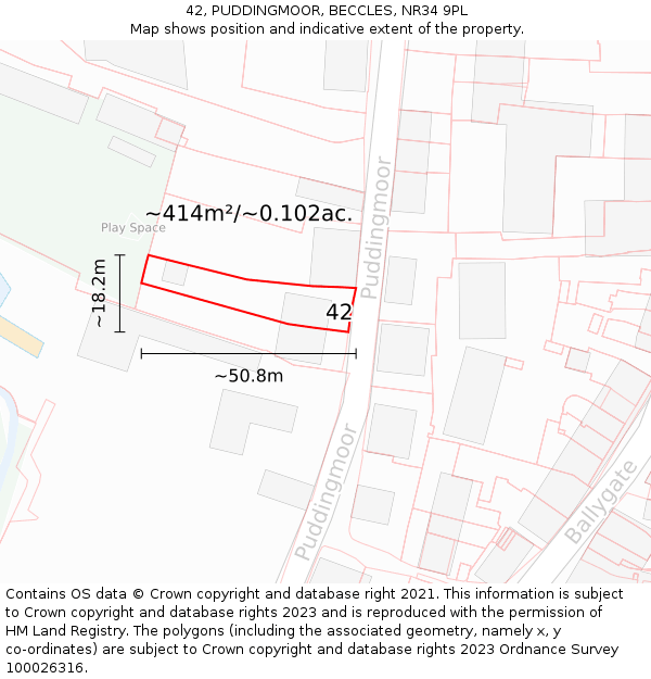 42, PUDDINGMOOR, BECCLES, NR34 9PL: Plot and title map