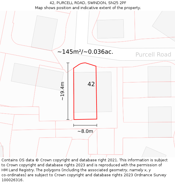 42, PURCELL ROAD, SWINDON, SN25 2PF: Plot and title map