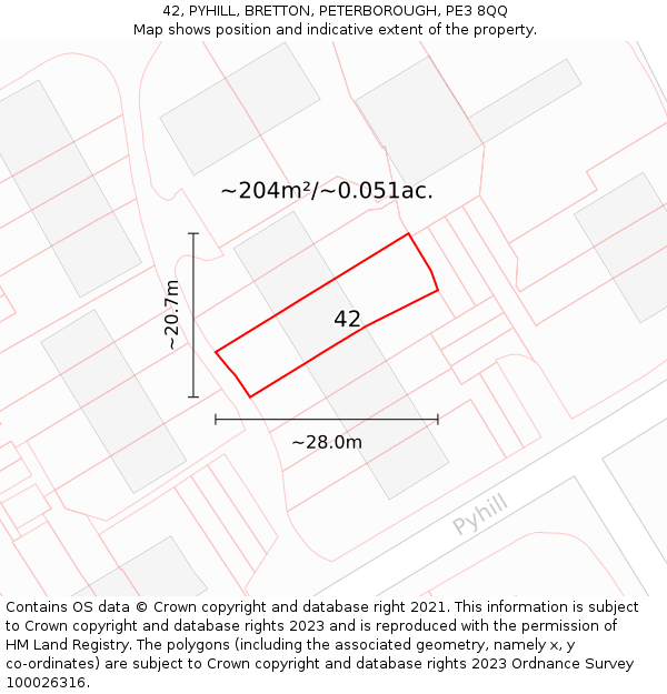 42, PYHILL, BRETTON, PETERBOROUGH, PE3 8QQ: Plot and title map