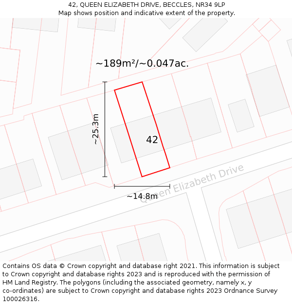 42, QUEEN ELIZABETH DRIVE, BECCLES, NR34 9LP: Plot and title map