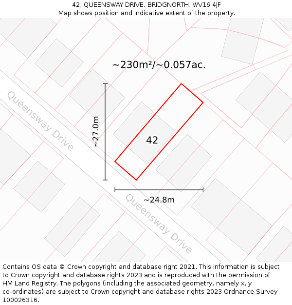 42, QUEENSWAY DRIVE, BRIDGNORTH, WV16 4JF: Plot and title map