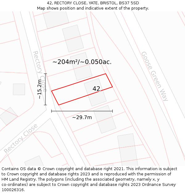 42, RECTORY CLOSE, YATE, BRISTOL, BS37 5SD: Plot and title map