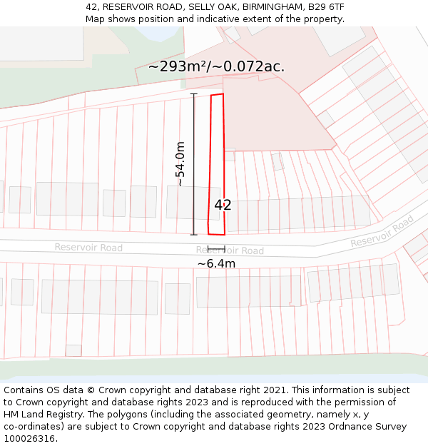 42, RESERVOIR ROAD, SELLY OAK, BIRMINGHAM, B29 6TF: Plot and title map