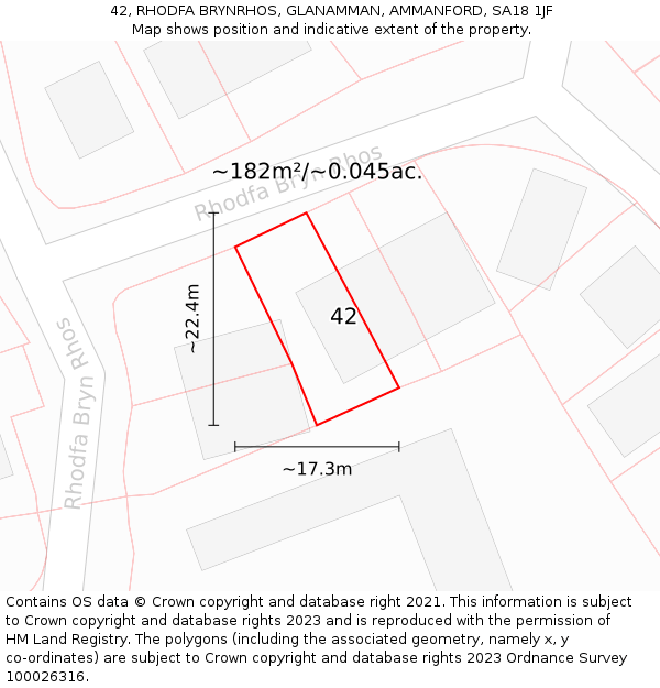 42, RHODFA BRYNRHOS, GLANAMMAN, AMMANFORD, SA18 1JF: Plot and title map