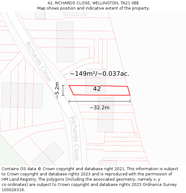 42, RICHARDS CLOSE, WELLINGTON, TA21 0BE: Plot and title map