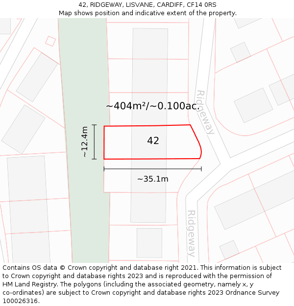 42, RIDGEWAY, LISVANE, CARDIFF, CF14 0RS: Plot and title map