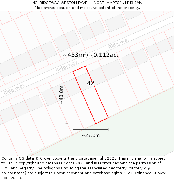 42, RIDGEWAY, WESTON FAVELL, NORTHAMPTON, NN3 3AN: Plot and title map