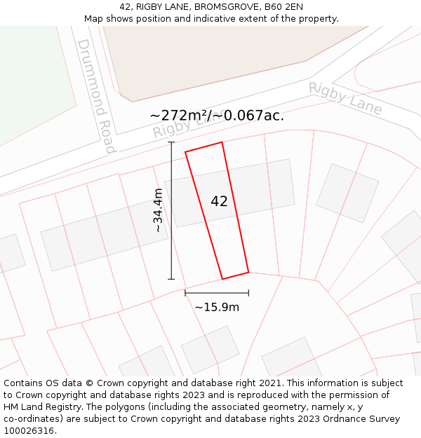 42, RIGBY LANE, BROMSGROVE, B60 2EN: Plot and title map