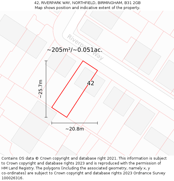 42, RIVERPARK WAY, NORTHFIELD, BIRMINGHAM, B31 2GB: Plot and title map