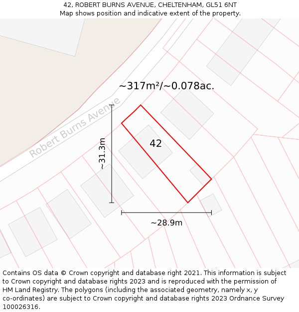 42, ROBERT BURNS AVENUE, CHELTENHAM, GL51 6NT: Plot and title map