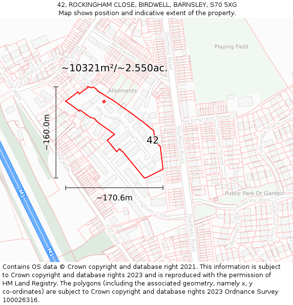 42, ROCKINGHAM CLOSE, BIRDWELL, BARNSLEY, S70 5XG: Plot and title map