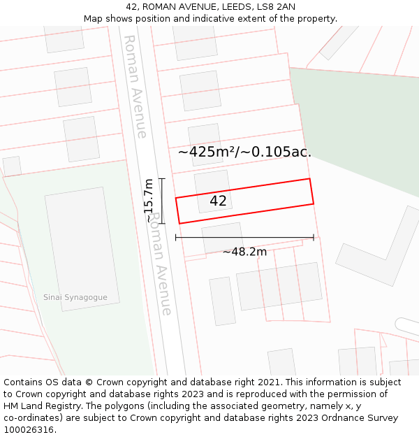 42, ROMAN AVENUE, LEEDS, LS8 2AN: Plot and title map