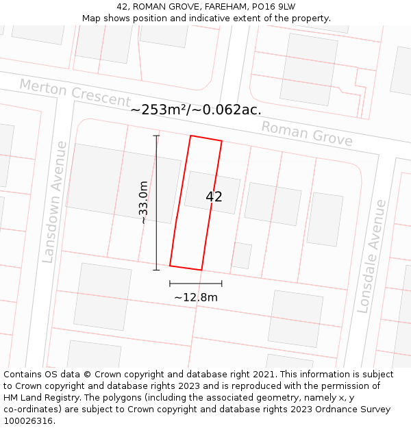 42, ROMAN GROVE, FAREHAM, PO16 9LW: Plot and title map