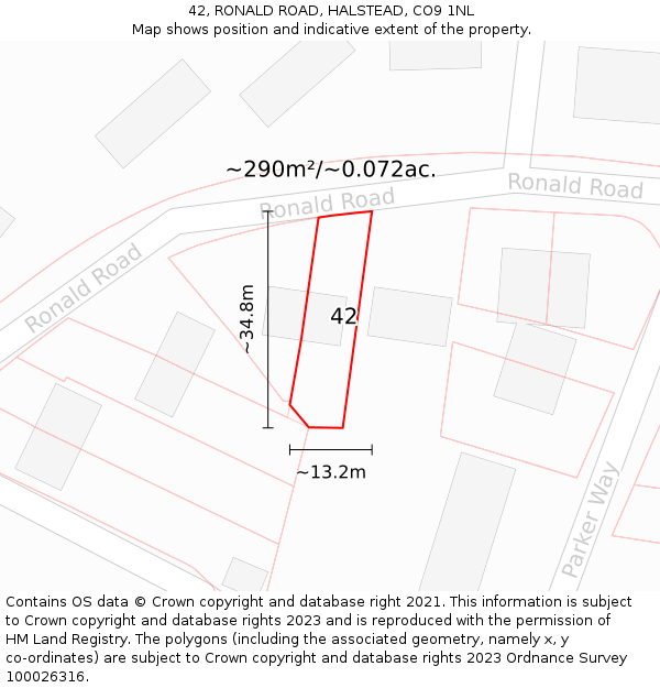 42, RONALD ROAD, HALSTEAD, CO9 1NL: Plot and title map