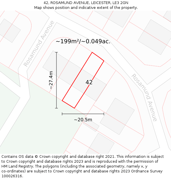 42, ROSAMUND AVENUE, LEICESTER, LE3 2GN: Plot and title map