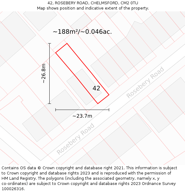 42, ROSEBERY ROAD, CHELMSFORD, CM2 0TU: Plot and title map