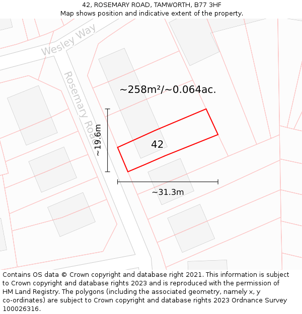 42, ROSEMARY ROAD, TAMWORTH, B77 3HF: Plot and title map