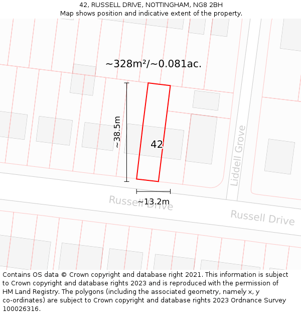 42, RUSSELL DRIVE, NOTTINGHAM, NG8 2BH: Plot and title map