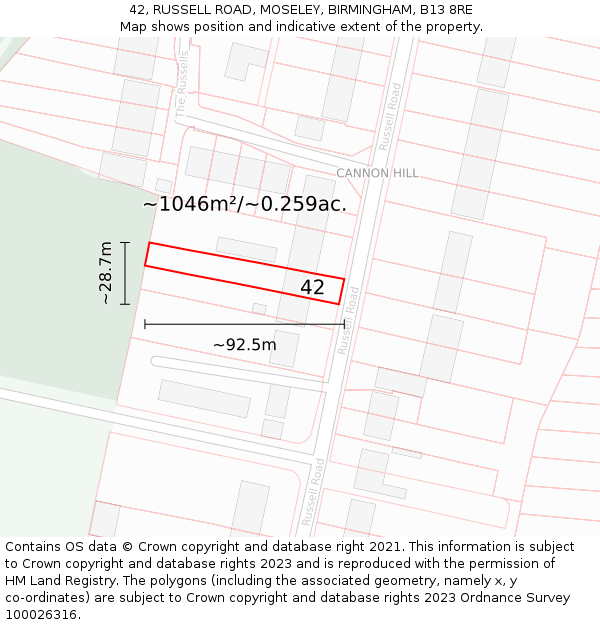 42, RUSSELL ROAD, MOSELEY, BIRMINGHAM, B13 8RE: Plot and title map