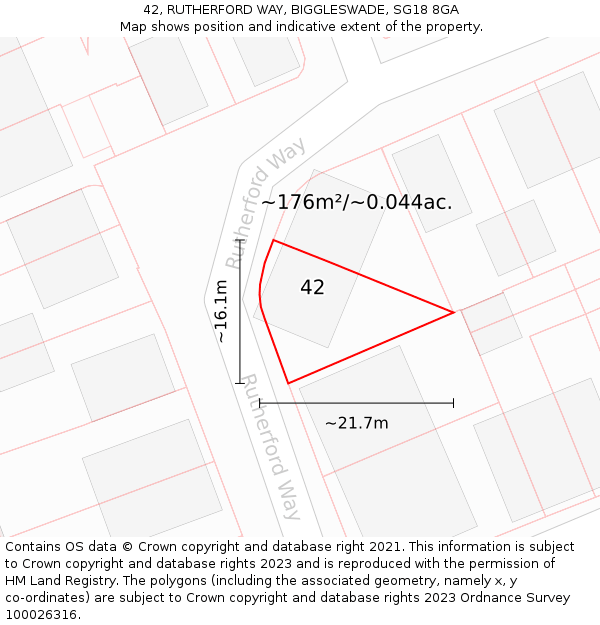 42, RUTHERFORD WAY, BIGGLESWADE, SG18 8GA: Plot and title map