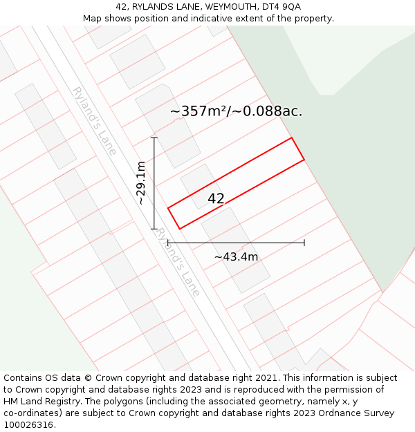 42, RYLANDS LANE, WEYMOUTH, DT4 9QA: Plot and title map