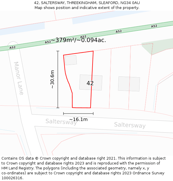 42, SALTERSWAY, THREEKINGHAM, SLEAFORD, NG34 0AU: Plot and title map