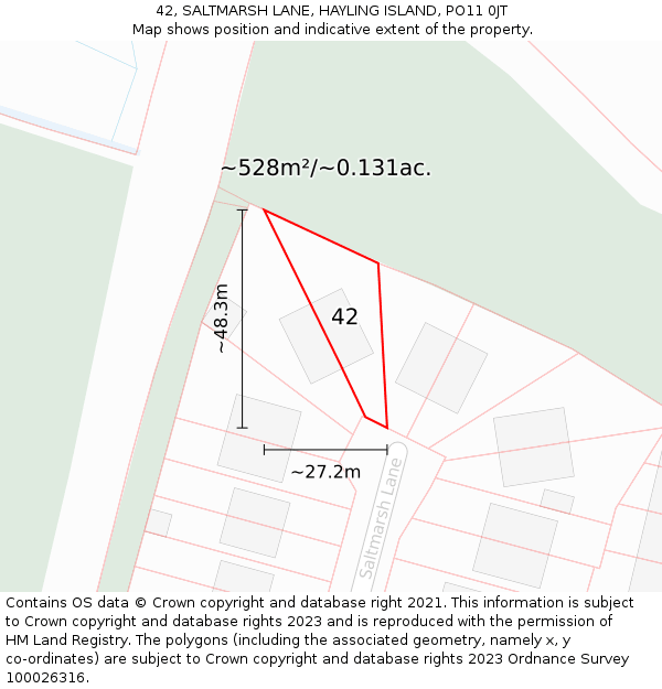 42, SALTMARSH LANE, HAYLING ISLAND, PO11 0JT: Plot and title map