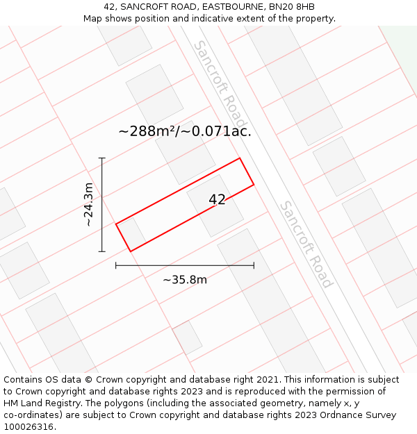 42, SANCROFT ROAD, EASTBOURNE, BN20 8HB: Plot and title map