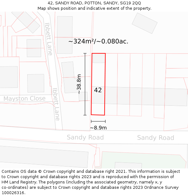 42, SANDY ROAD, POTTON, SANDY, SG19 2QQ: Plot and title map