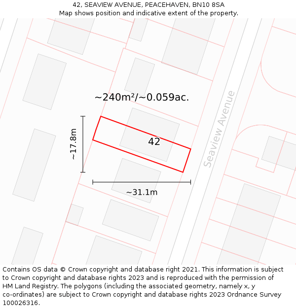 42, SEAVIEW AVENUE, PEACEHAVEN, BN10 8SA: Plot and title map