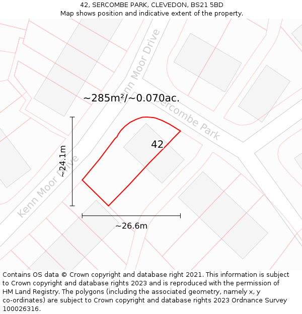 42, SERCOMBE PARK, CLEVEDON, BS21 5BD: Plot and title map