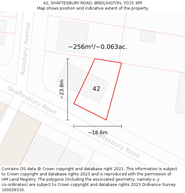 42, SHAFTESBURY ROAD, BRIDLINGTON, YO15 3PP: Plot and title map