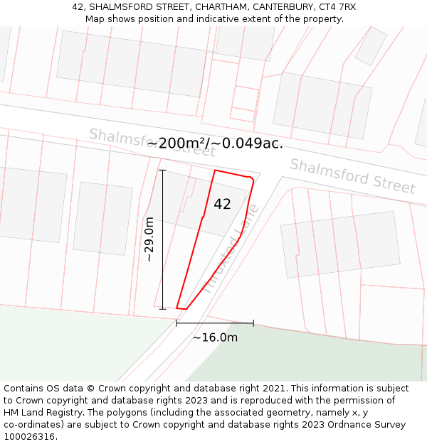 42, SHALMSFORD STREET, CHARTHAM, CANTERBURY, CT4 7RX: Plot and title map