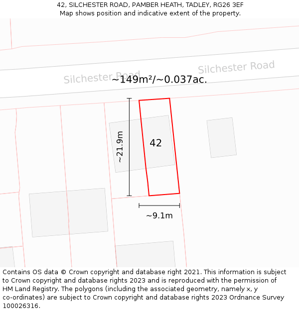 42, SILCHESTER ROAD, PAMBER HEATH, TADLEY, RG26 3EF: Plot and title map