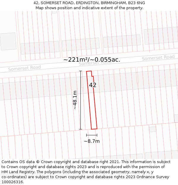 42, SOMERSET ROAD, ERDINGTON, BIRMINGHAM, B23 6NG: Plot and title map