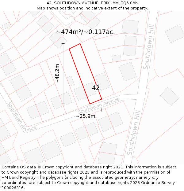 42, SOUTHDOWN AVENUE, BRIXHAM, TQ5 0AN: Plot and title map